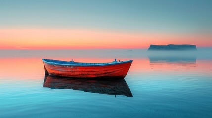 Wall Mural - A small red boat sits in the water, reflecting the beautiful colors of the sky