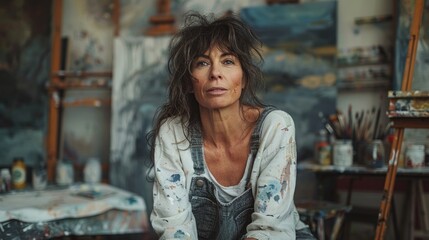 A woman with long hair is sitting in a room with paintings on the walls