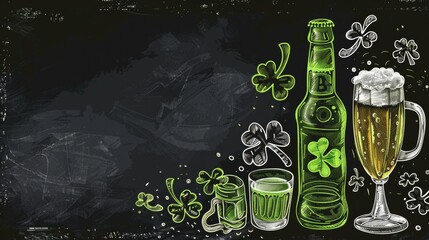 Green shamrock with a pint of beer and Irish ale for St. Patrick's Day posters and flyers.