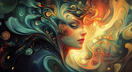 Wall Mural - 17. **Dreamlike portrait with a human face emerging from a swirl of colors and fantastical patterns**