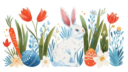 Wall Mural - Happy Easter design with gouache illustrations of eggs, bunnies, and flowers, perfect for greeting cards.