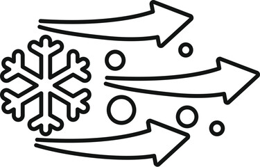 Poster - simple linear icon of cold wind blowing with arrows and snowflake representing cold weather