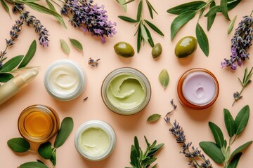 Organic face creams in jars with lavender and olive sprigs on a soft background