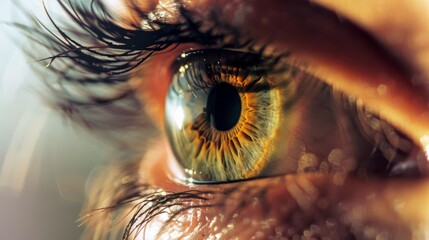 A close-up of a human eye, highlighting the detailed, mesmerizing pattern of the iris with strands of eyelashes in focus.