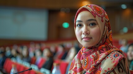 Wall Mural - ultra long shot of a young indonesian grad student confidently presenting in a stage in front of a diverse audience, in a university or international conference setting, generative ai. 