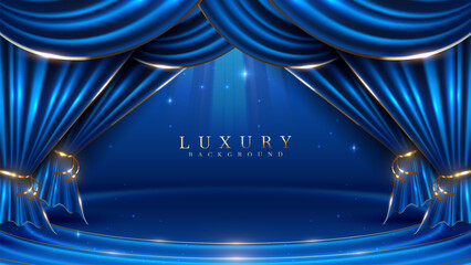 Poster - The empty stage was decorated with luxurious blue curtains with sparkling golden light effects and twinkling stars. Elegant style background design.