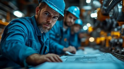 Wall Mural - Engineering Precision: Focused engineer scrutinizing blueprints in a bustling industrial plant, embodying expertise and determination in manufacturing. 