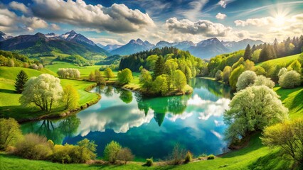 beautiful and miraculous colors of green spring panorama landsca