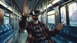 © VK Studio - A man in a VR headset experiences an immersive virtual world while riding on a subway, with hands outstretched and absorbed in the experience.