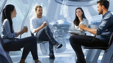 Poster - Group of professionals engaged in a discussion inside a futuristic meeting room with sleek design and city views during the day