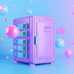 Colorful 3D illustration of a data server against a vibrant backdrop with floating bubbles, representing digital technology and the cloud.