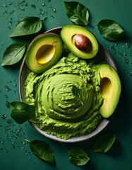 Wall Mural - A bowl of creamy guacamole surrounded by ripe avocado halves and fresh green leaves on a green background. The vibrant colors and textures emphasize the freshness and appeal of this popular dip, ideal