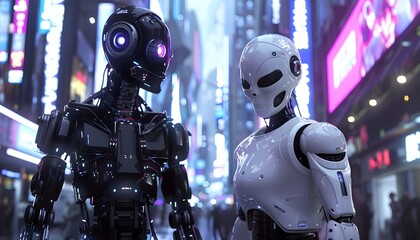 Poster - Futuristic robots in a vibrant city landscape, showcasing advanced technology and artificial intelligence.