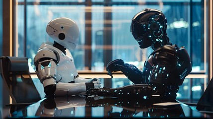 Poster - Futuristic robots engage in a thoughtful conversation in a modern office setting, showcasing advanced AI technology and design.