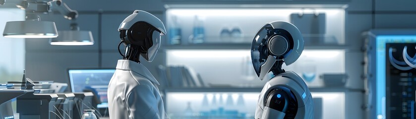 Poster - Futuristic robots interact in a high-tech laboratory, showcasing advanced technology and innovation in artificial intelligence.