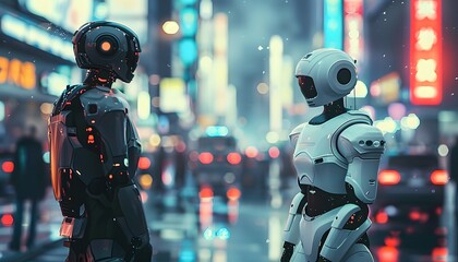 Poster - Futuristic robots in an urban setting, showcasing advanced technology and human-like features in a vibrant cityscape.