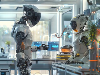 Poster - Futuristic robots interact in a high-tech laboratory, showcasing advanced technology and artificial intelligence innovation.
