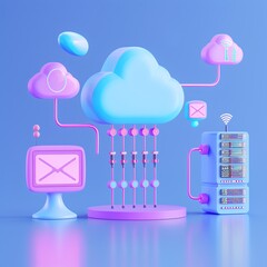 Wall Mural - Digital illustration of cloud computing with servers and data transfer concepts in a vibrant, futuristic style.