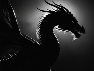 Wall Mural - A striking silhouette of a dragon emerges from the darkness, starkly outlined in black and white with bold contrasts and dramatic chiaroscuro lighting.
