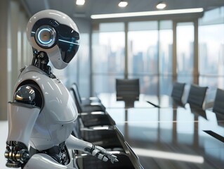 Poster - Futuristic robot in a modern office setting, showcasing advanced technology and innovation for business solutions.