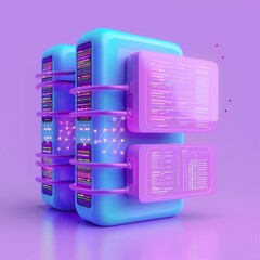 Poster - Futuristic data server farm with glowing UI on a purple background, representing cloud computing and data storage technology.
