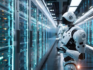 Poster - Futuristic robot interacting with advanced data servers in a high-tech environment, showcasing technology and innovation.