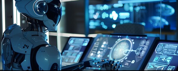 Poster - Futuristic robot interacting with advanced touchscreen technology in a high-tech environment, illustrating innovation and automation.