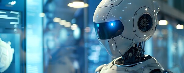 Poster - Futuristic robot with glowing eyes stands in modern exhibition, showcasing technology and innovation in robotics.