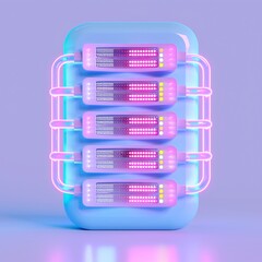 Poster - Futuristic neon glowing computer server with vibrant colors and high-tech design in a digital concept on a light background.