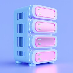 Modern futuristic server with pink and blue design on blue background. High-tech digital data storage unit concept in vibrant colors.