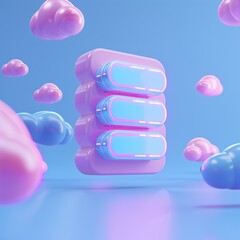 Poster - Surreal 3D illustration of futuristic data storage concept with floating clouds and glowing blue blocks on a blue background.