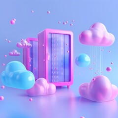 Wall Mural - Surreal cloud computing concept with floating pink and blue clouds around a server, representing data storage in a digital paradise.