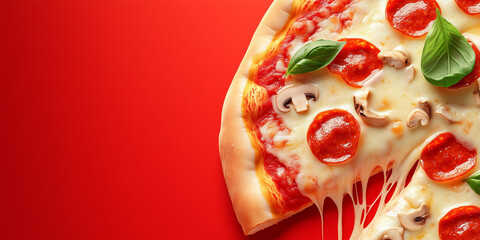 Wall Mural - Close-up of a pizza slice showing the toppings and melted cheese