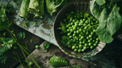 Canvas Print - A rustic wooden table adorned with garden-fresh green peas, leafy greens, and a variety of other vegetables, evoking farm-to-table freshness.