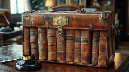 Canvas Print - Antique Leather Suitcase with Books and Gavel