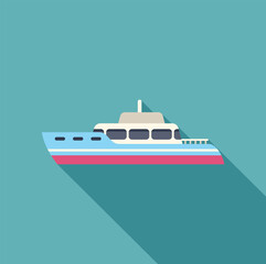Poster - Minimalist vector illustration of a passenger ferry boat sailing on water surface with long shadow design style