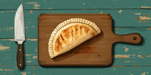 Wall Mural - Single beef empanada on a wooden cutting board with knife beside it