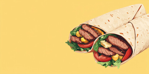 Wall Mural - Sliced grilled meat and vegetables arranged in an open wrap, lying flat