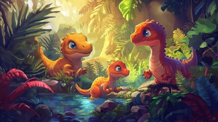 Three adorable dinosaurs play in a lush jungle setting.