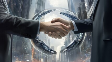 Two business professionals shake hands in a futuristic urban setting, symbolizing collaboration and innovation among skyscrapers