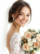 © pattozher - A smiling bride in a wedding dress, holding a bouquet of flowers, isolated on a white background