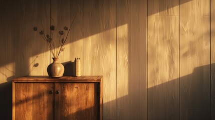 Wall Mural - A minimalist interior with a wooden cabinet adorned by simple decor under the golden glow of the afternoon sunlight casting long shadows.