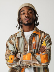 A young man with dreadlocks, wearing a beanie and casual streetwear, posing with crossed arms, isolated on a white background