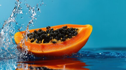 Vibrant Papaya Half Floating on Water in Deep Blue Background