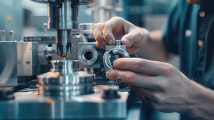 Wall Mural - A technician adjusts precise components in a high-tech machine, emphasizing meticulous craftsmanship and advanced engineering skills.