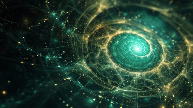 Stunning abstract digital art depicting a swirling vortex of glowing lights and particles in green and gold hues, creating a sense of depth and movement in a cosmic, futuristic scene.