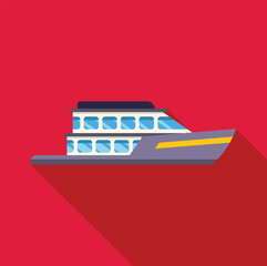 Poster - Illustration of a large passenger ship sailing on water, featuring a long shadow cast on a vibrant red background