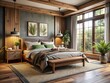 © DigitalArt Max - A blend of modern and rustic styles, this bedroom boasts a wooden bed frame, plush furnishings, and generous