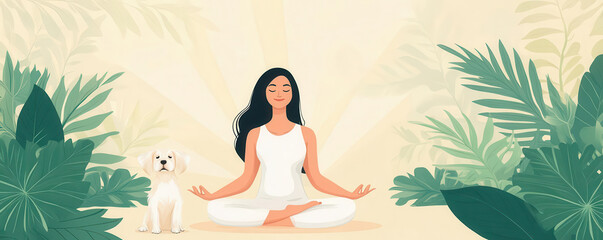 yoga pose with dog, tranquil outdoor garden, flat design illustr