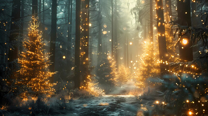 Magical forest with christmas trees and glowing lights 